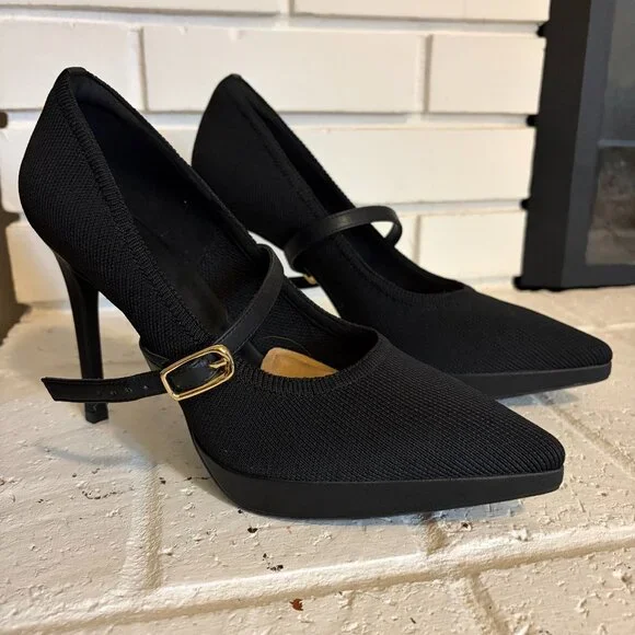 Classic Black Mary Jane Pointed-Toe Heels - Picture 1 of 5